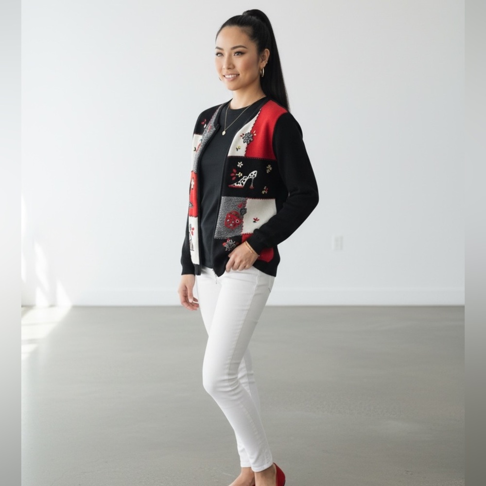 🖤❤️🩶🤍Alfred Dunner Petite Patchwork Embroidered Zip Cardigan Sweater